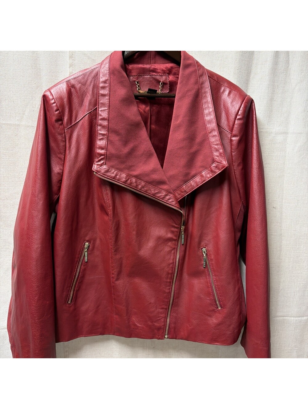 Iman Women's Red Leather Asymmetrical Zip Motorcycle Jacket 2X